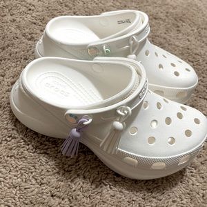 White iridescent tassel platform crocs